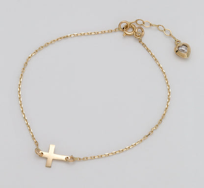 14 KT Yellow Gold Cross Bracelet With White Zircon Heart Shaped Tail TK GOLD