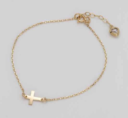 14 KT Yellow Gold Cross Bracelet With White Zircon Heart Shaped Tail TK GOLD