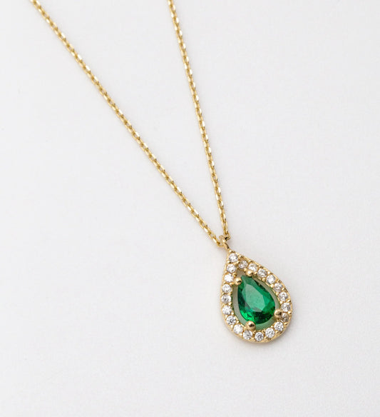 14 KT Yellow Gold Green Stoned Tear Drop Necklace - TK GOLD