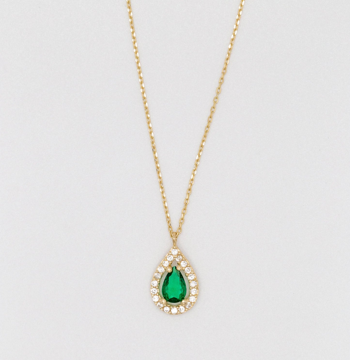 14 KT Yellow Gold Green Stoned Tear Drop Necklace - TK GOLD