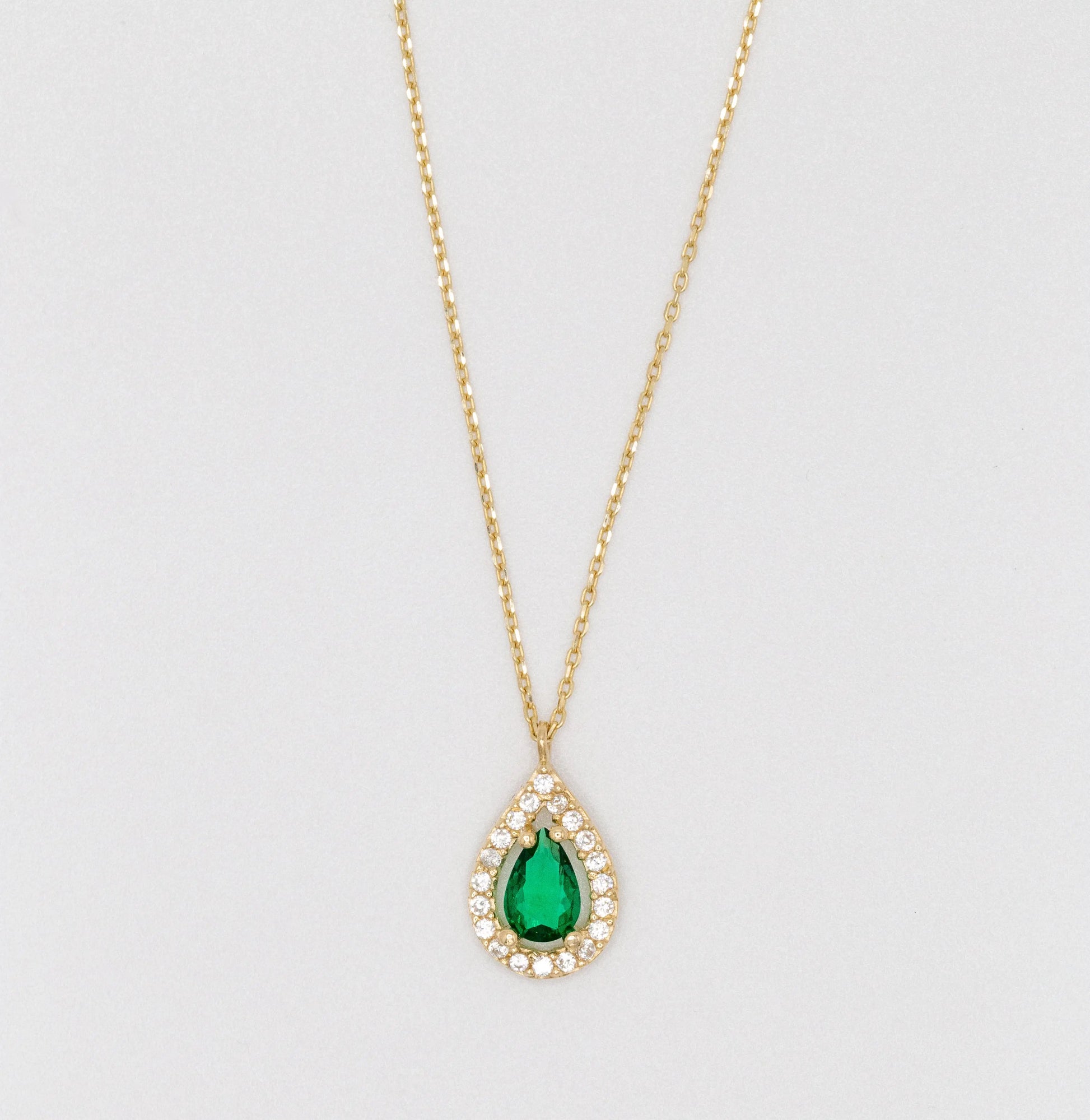 14 KT Yellow Gold Green Stoned Tear Drop Necklace - TK GOLD