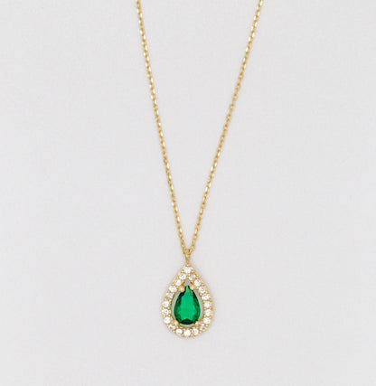 14 KT Yellow Gold Green Stoned Tear Drop Necklace - TK GOLD