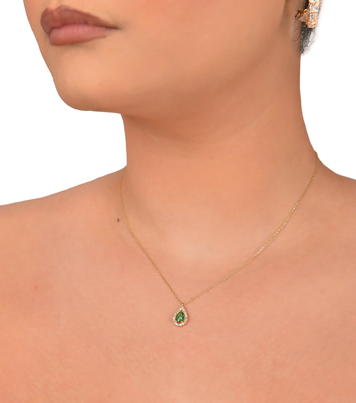 14 KT Yellow Gold Green Stoned Tear Drop Necklace - TK GOLD