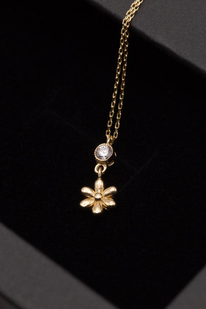 14 KT Yellow Gold Necklace with Daisy Pendant and White Stone - TK GOLD