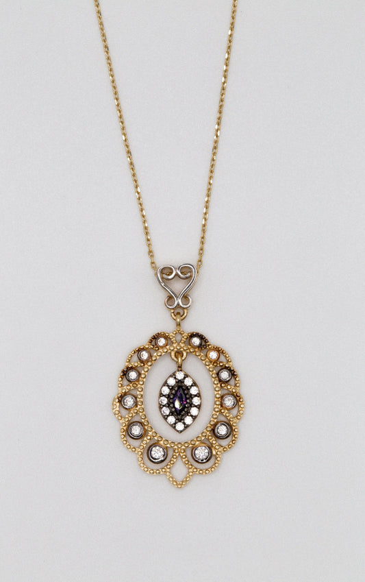 14 KT Yellow Gold Purple Stone And White Pendant Necklace - TK GOLD