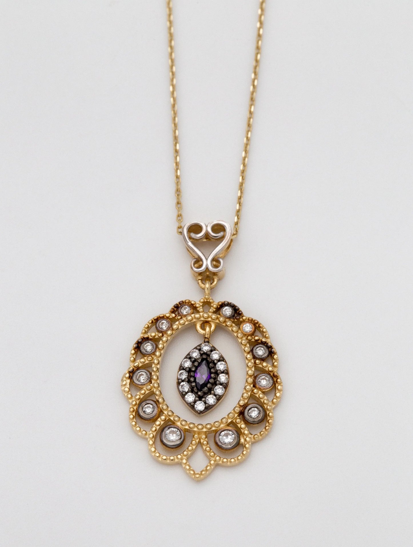 14 KT Yellow Gold Purple Stone And White Pendant Necklace - TK GOLD