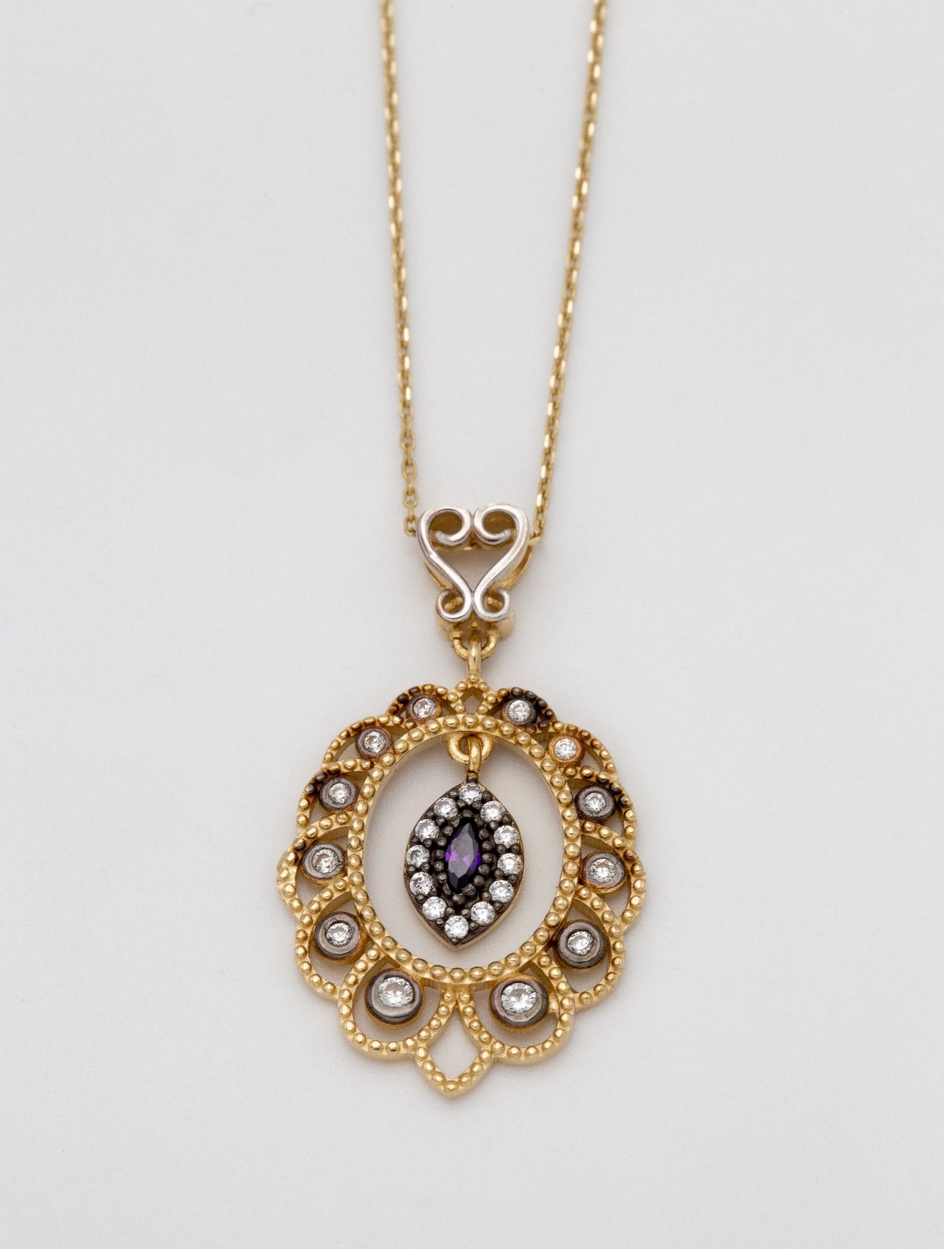 14 KT Yellow Gold Purple Stone And White Pendant Necklace - TK GOLD