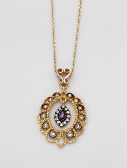 14 KT Yellow Gold Purple Stone And White Pendant Necklace - TK GOLD