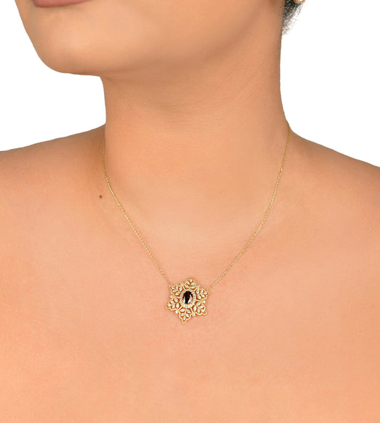 14 KT Yellow Gold Red Stoned Snowflake Necklace - TK GOLD