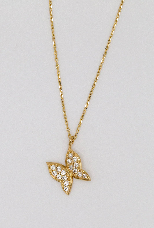 14 KT Yellow Gold White Stoned Butterfly Necklace - TK GOLD