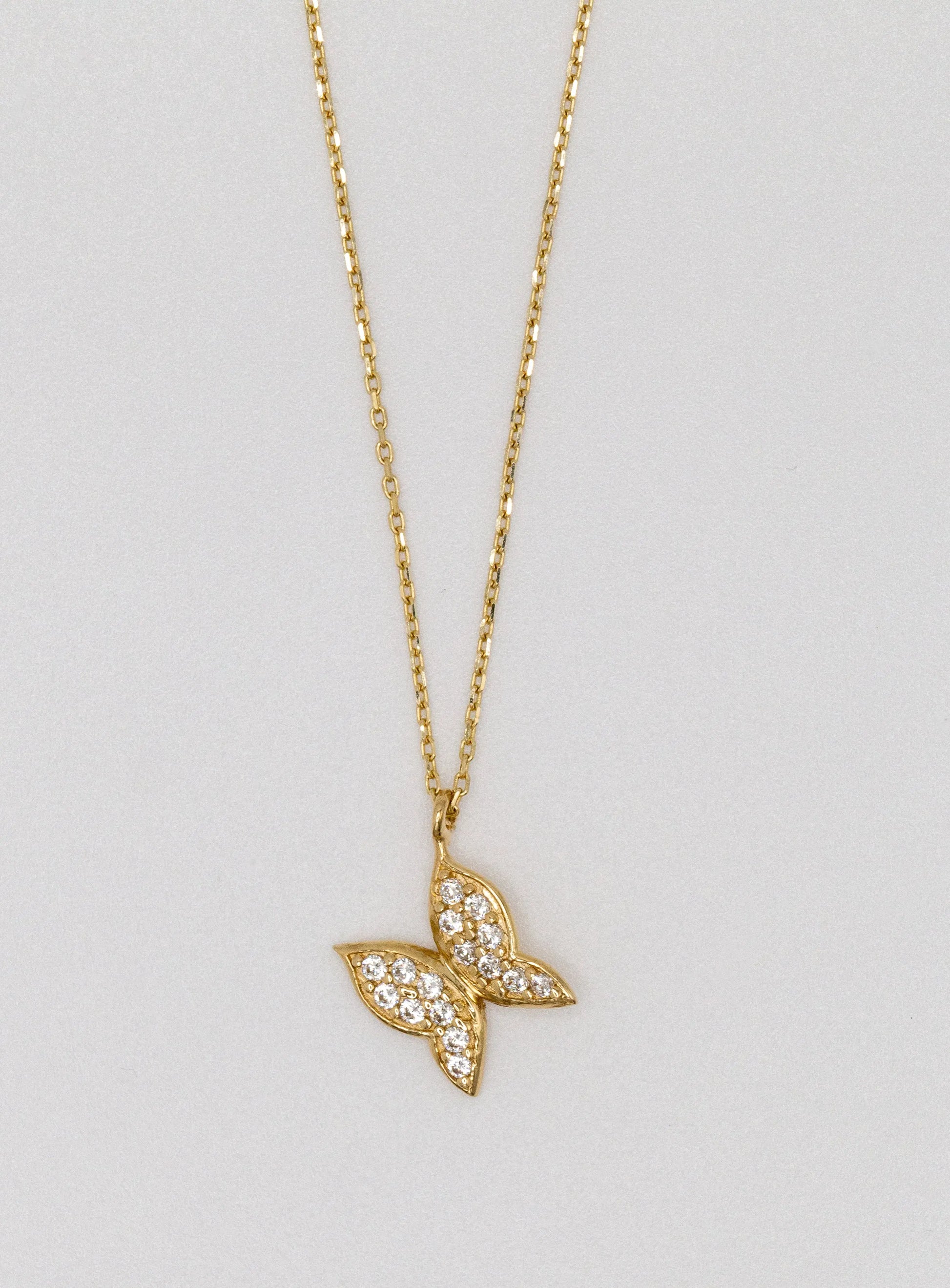 14 KT Yellow Gold White Stoned Butterfly Necklace - TK GOLD