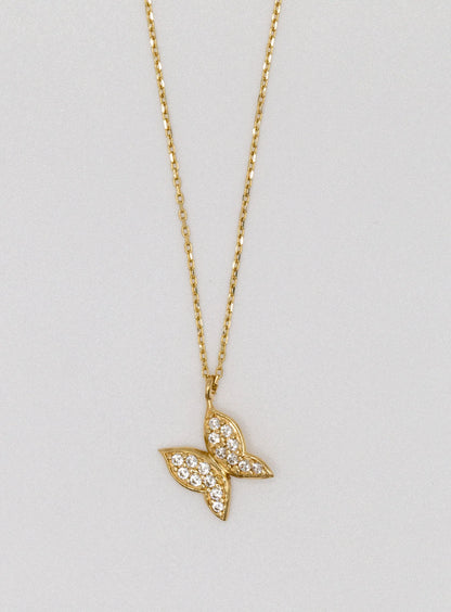 14 KT Yellow Gold White Stoned Butterfly Necklace - TK GOLD