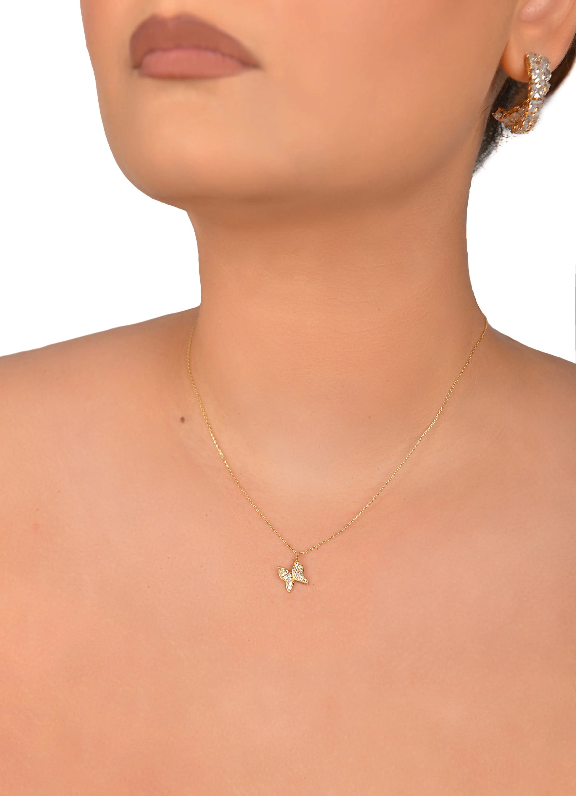 14 KT Yellow Gold White Stoned Butterfly Necklace - TK GOLD