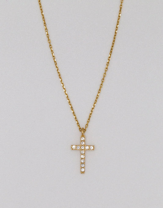 14 KT Yellow Gold White Stoned Cross - TK GOLD