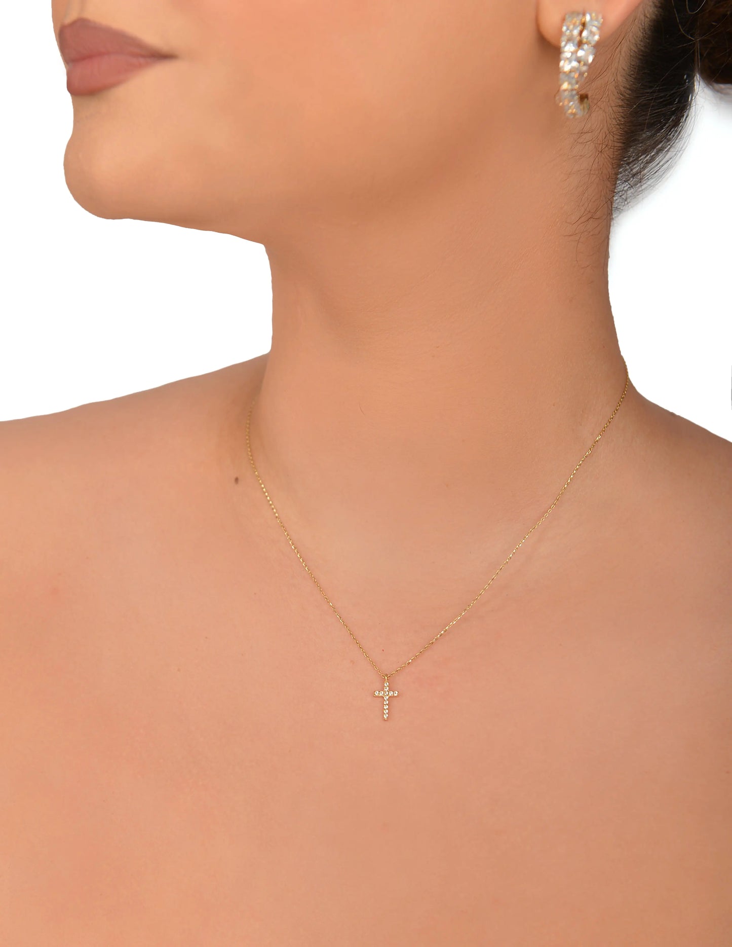 14 KT Yellow Gold White Stoned Cross - TK GOLD