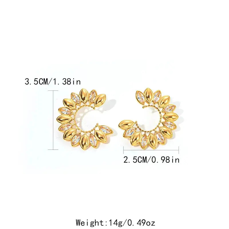 14KT Gold Plated Elegant Shiny C Shape Water Droplets Ear Studs TK GOLD