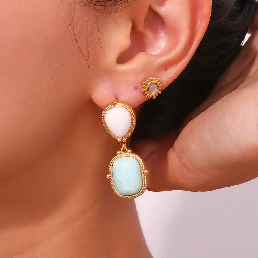 18K Gold Plated Natural Stone Retro Earrings TK GOLD