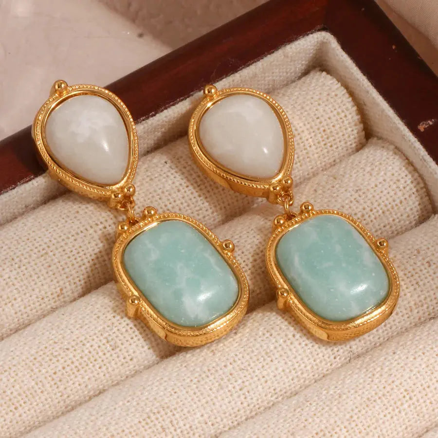 18K Gold Plated Natural Stone Retro Earrings TK GOLD