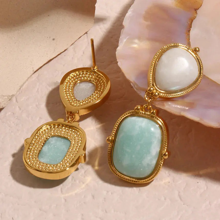 18K Gold Plated Natural Stone Retro Earrings TK GOLD