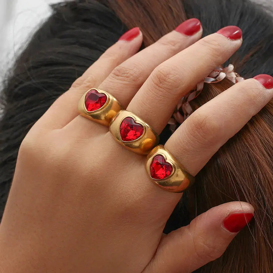 18K Gold Plated Red Heart Stone Ring TK GOLD