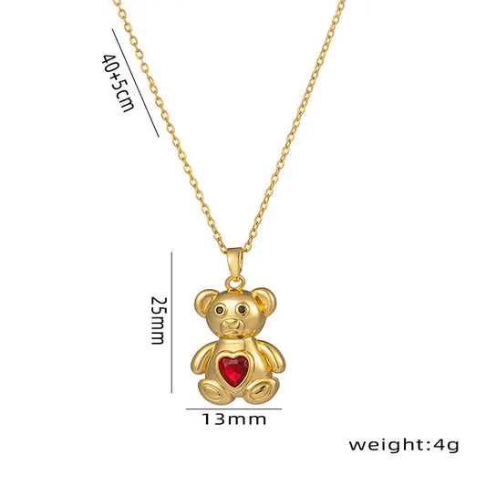 18K Gold Plated Red Stoned Little Bear Necklace TK GOLD