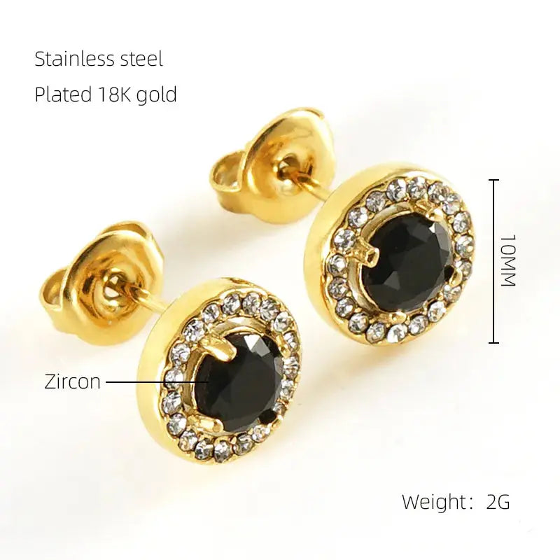 18KT Gold Plated Round Black Earrings TK GOLD