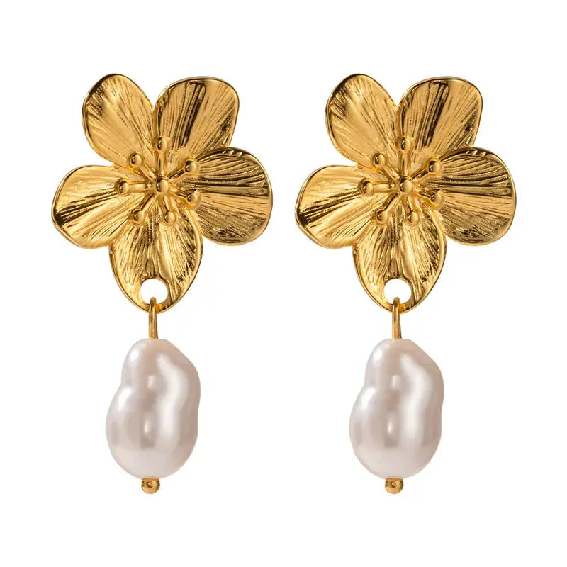 18KT Gold Plated Simple Style Flower Pearl Drop Earrings TK GOLD