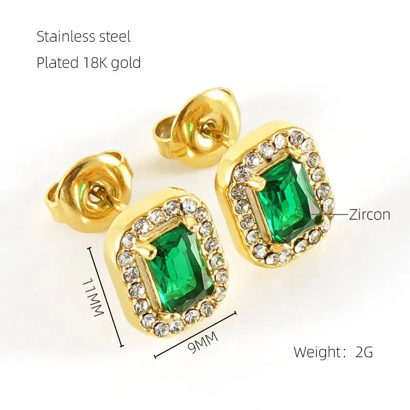 18KT Gold Plated Square Green Earrings TK GOLD