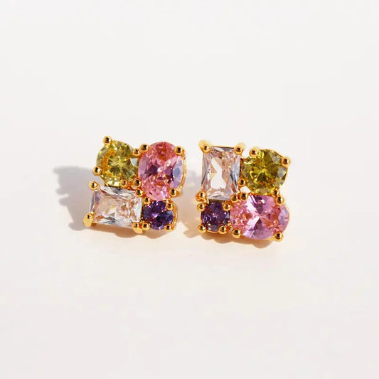 24 KT Gold Plated Geometric Zircon Ear Studs - TK GOLD 