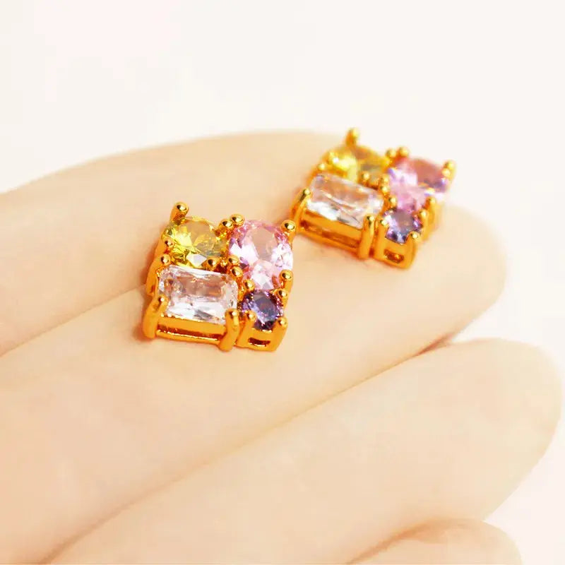 24 KT Gold Plated Geometric Zircon Ear Studs - TK GOLD 