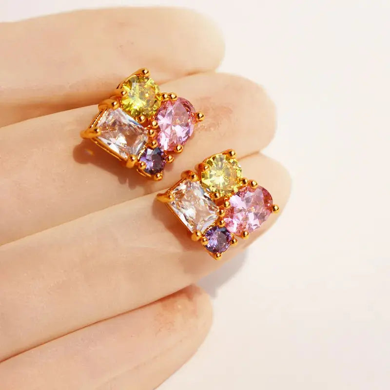 24 KT Gold Plated Geometric Zircon Ear Studs - TK GOLD 