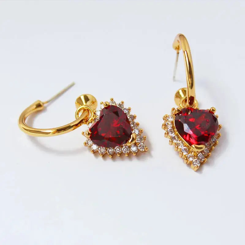 24 KT Gold Plated Luxury Retro Ruby Love Heart Earrings TK GOLD