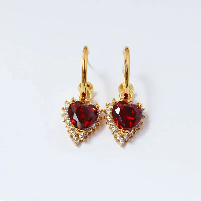 24 KT Gold Plated Luxury Retro Ruby Love Heart Earrings TK GOLD