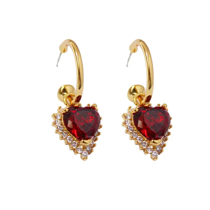 24 KT Gold Plated Luxury Retro Ruby Love Heart Earrings TK GOLD