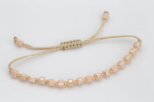 Beige String Bracelet with Solid 14 KT Yellow Gold Beads - TK GOLD