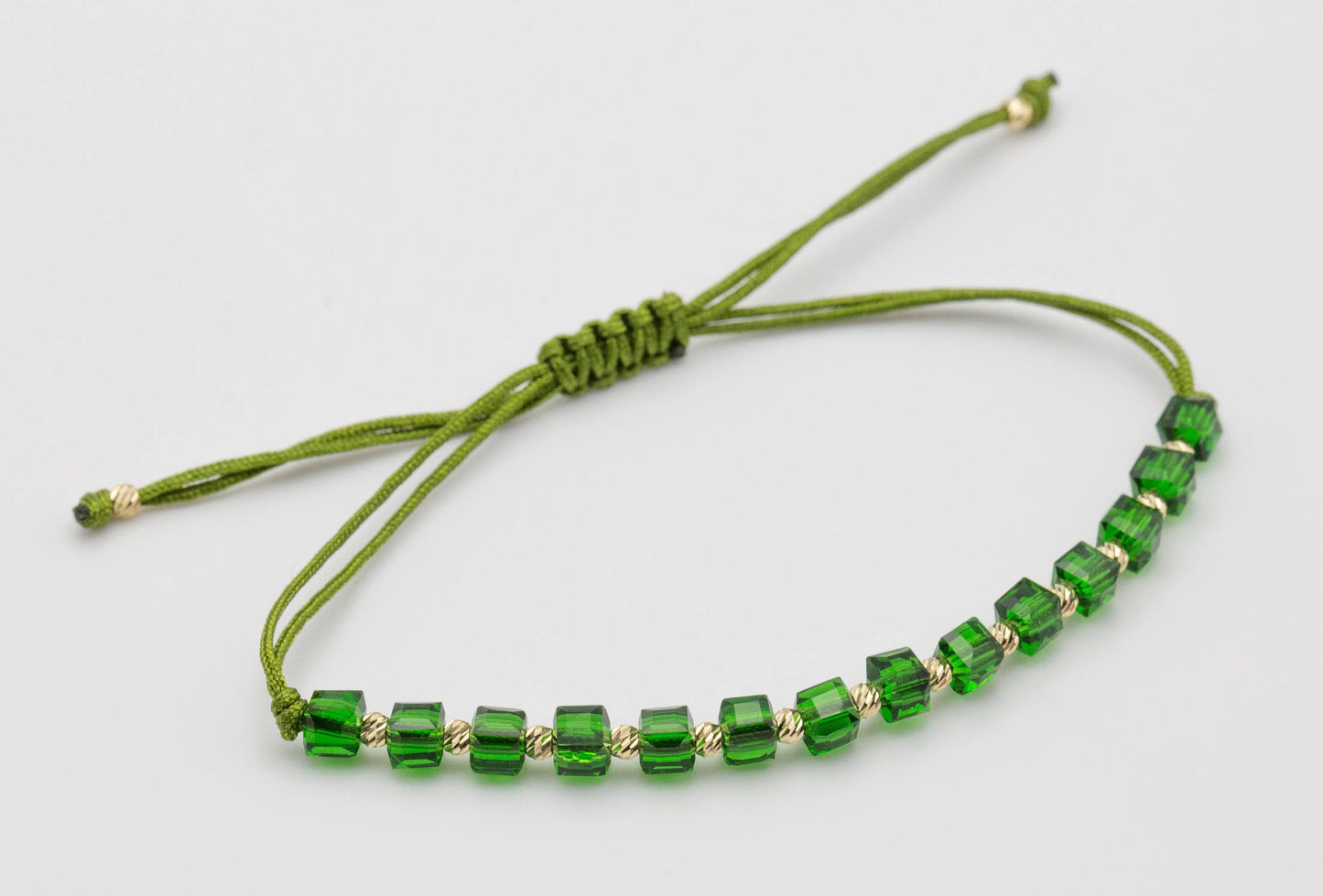 Green String Bracelet With Solid 14 KT Yellow Gold Beads - TK GOLD