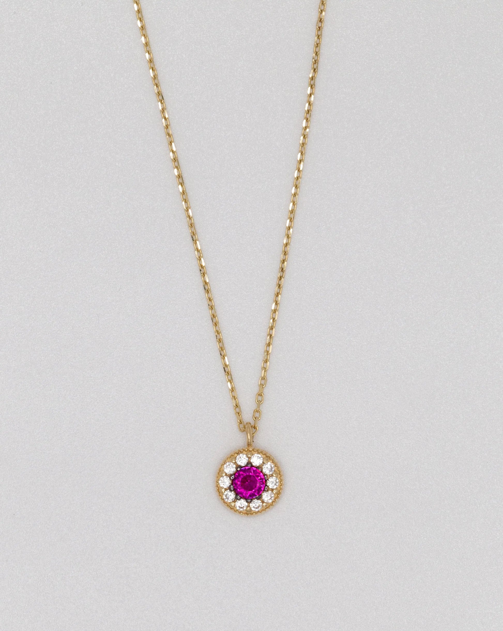 Pink Stone 14 KT Yellow Gold Necklace With White Zircon Stones - TK GOLD