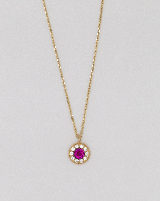 Pink Stone 14 KT Yellow Gold Necklace With White Zircon Stones - TK GOLD