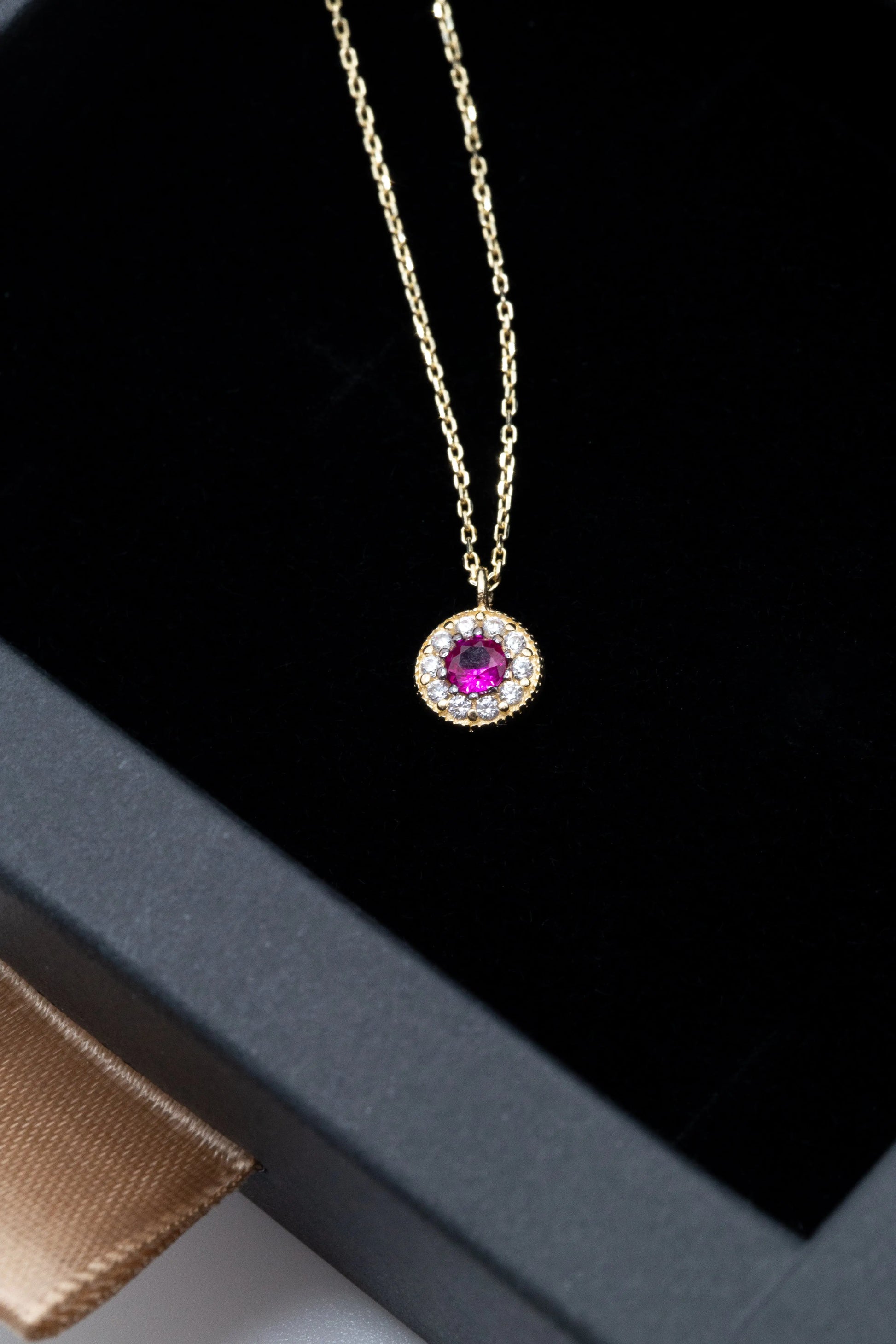 Pink Stone 14 KT Yellow Gold Necklace With White Zircon Stones - TK GOLD