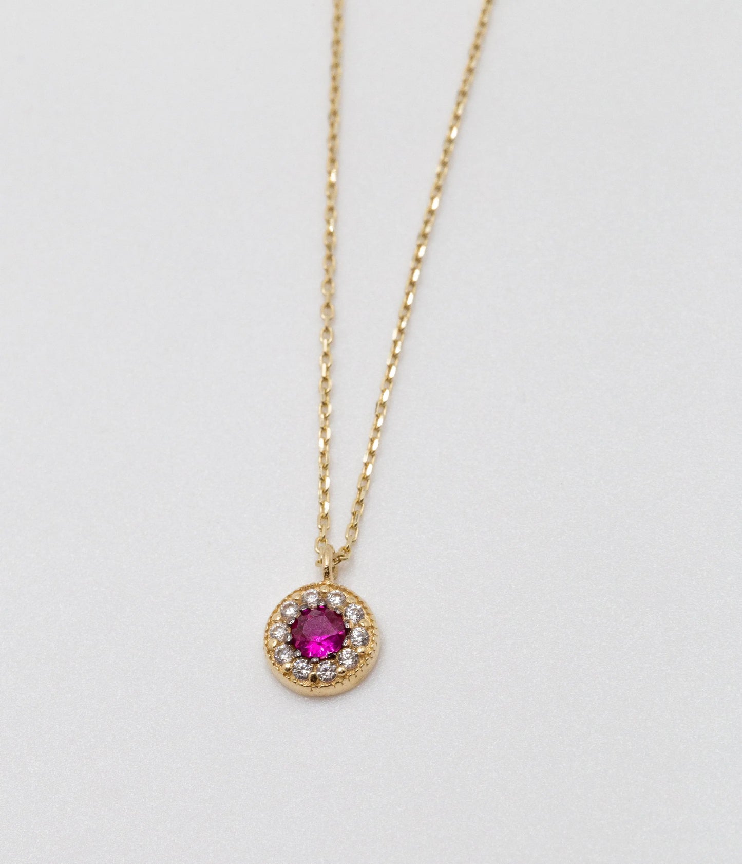 Pink Stone 14 KT Yellow Gold Necklace With White Zircon Stones - TK GOLD