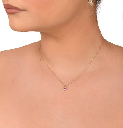 Pink Stone 14 KT Yellow Gold Necklace With White Zircon Stones - TK GOLD