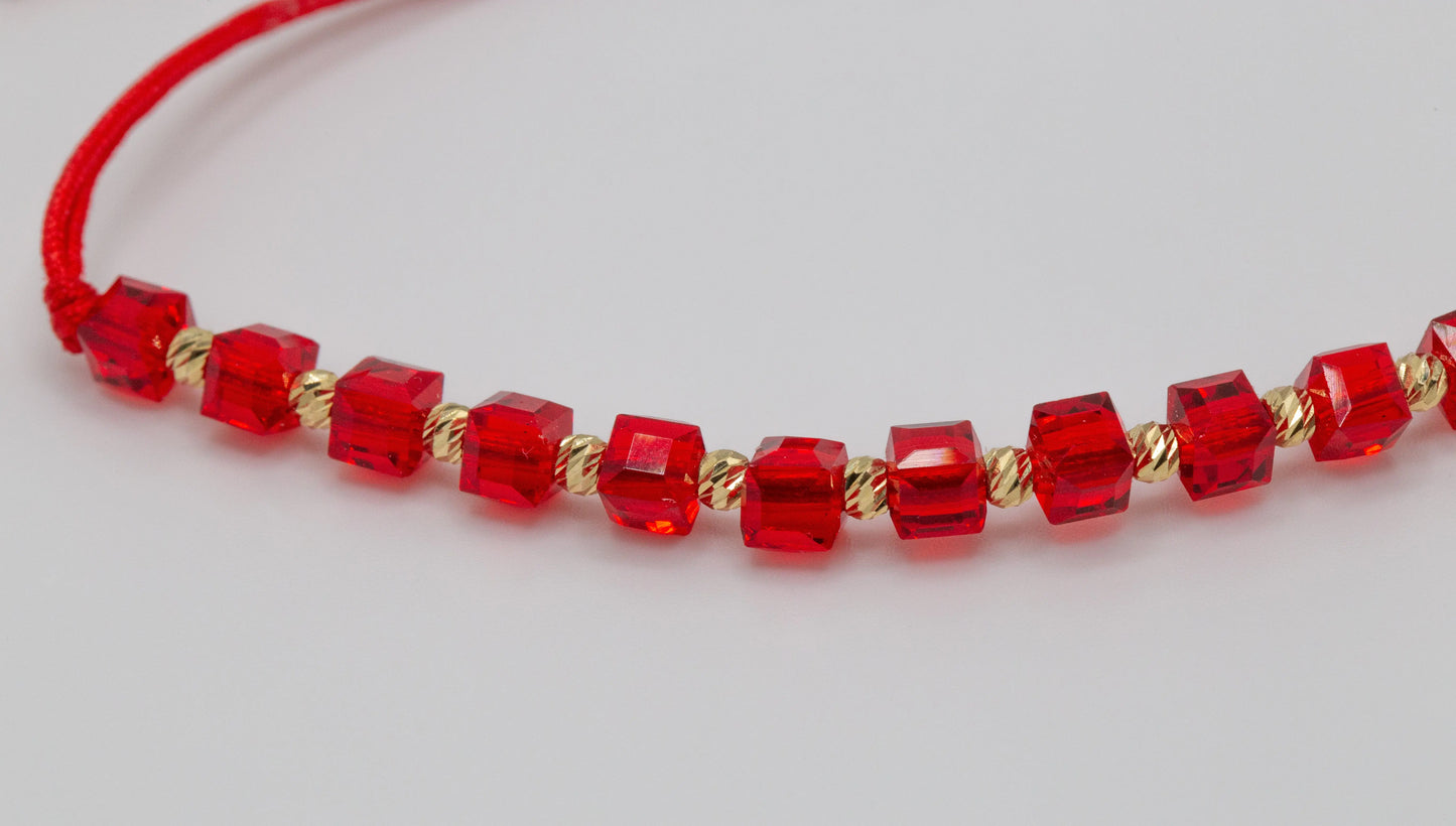 Red String Bracelet With Solid 14 KT Yellow Gold Beads - TK GOLD